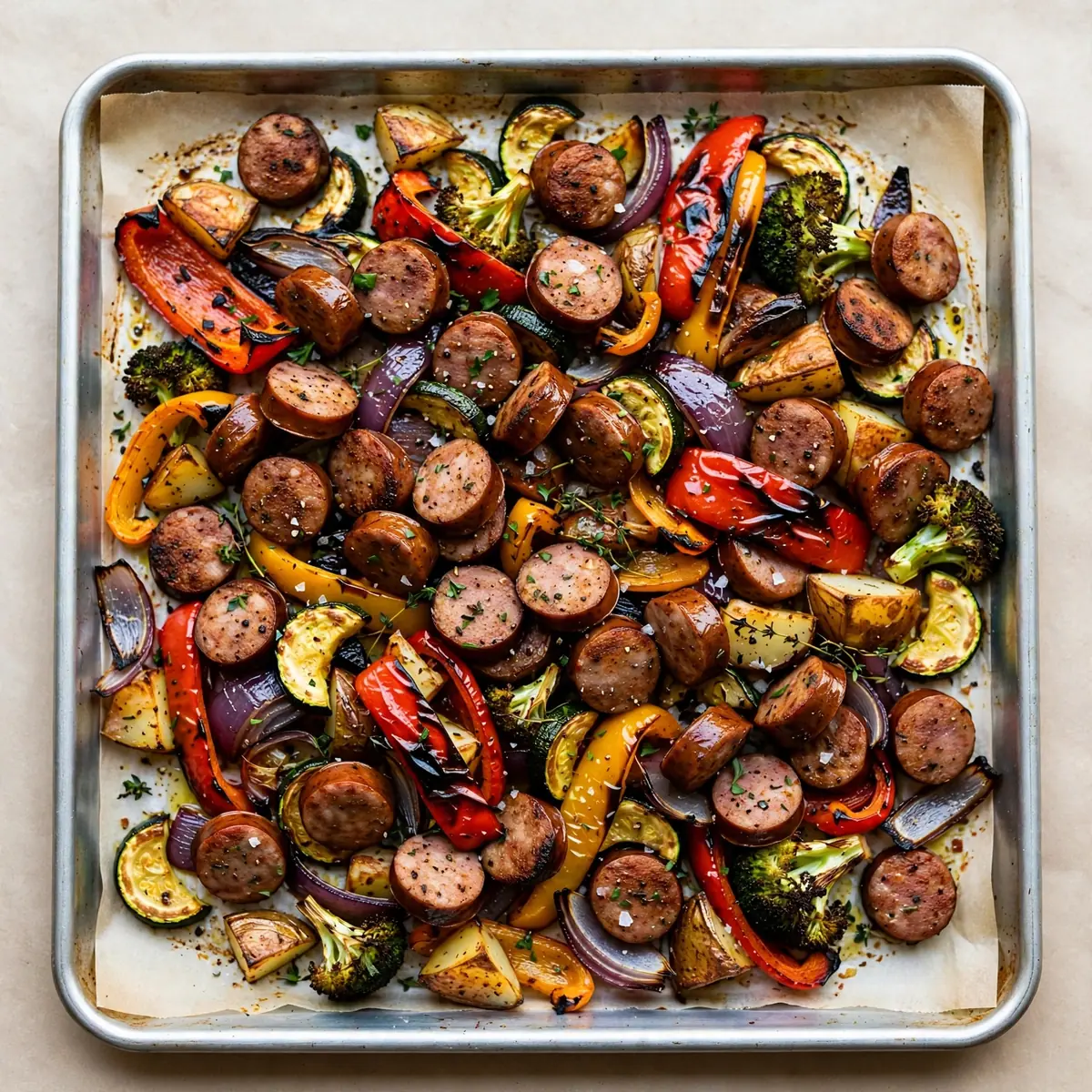 Quick Weeknight Sheet Pan Smoked Turkey Sausage and Veggies